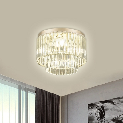 Silver 3 Layers Flush Mount Fixture Modern 3/4 Heads Clear Crystal Ceiling Mounted Light for Restaurant