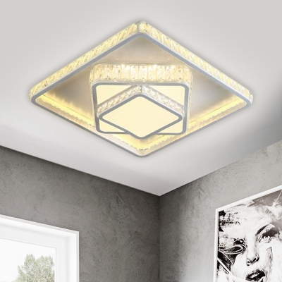 Simple LED Ceiling Light Fixture White Square Flush Mount with Beveled Crystal Shade for Bedroom