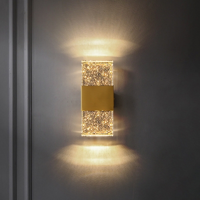 Simple Rectangle Wall Light Clear Seedy Crystal LED Wall Sconce in Brass for Bedroom