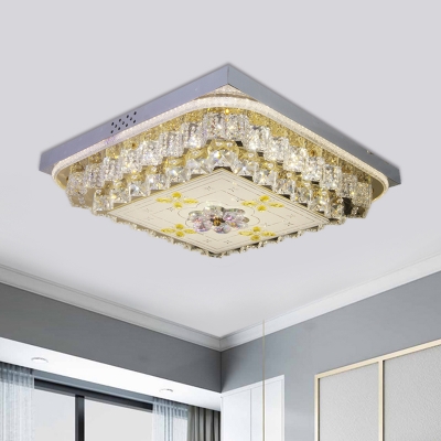Square Clear Crystal Flush Light Fixture Modern Bedroom LED Ceiling Lighting with Flower Pattern