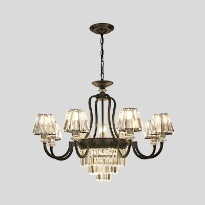Tapered Crystal Prism Hanging Lamp Traditional 6/8-Bulb Living Room Chandelier in Black