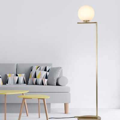 White Frosted Glass Ball Floor Light Minimalist 1 Light Standing Floor Lamp in Gold with Right Angle Arm