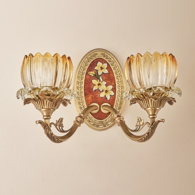 1/2-Bulb Lotus Shade Wall Mounted Light Traditional Gold Finish Ribbed Glass Wall Lamp