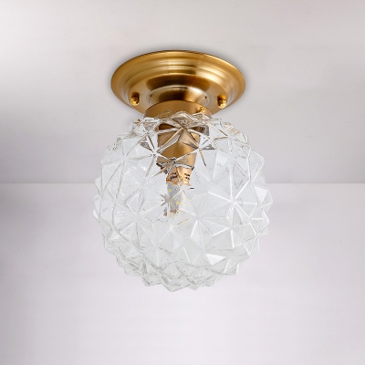 1 Head Ceiling Lamp Fixture Blue/Clear/Smoke Grey Glass Rustic Style Hallway Flushmount Lighting in Brass with Ball Shade
