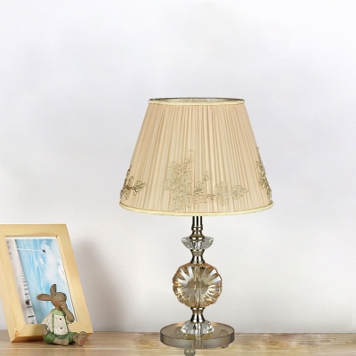 1-Light Barrel Shade Table Light Modern Beige Pleated Fabric Desk Lamp with Perfume Bottle Crystal Stand