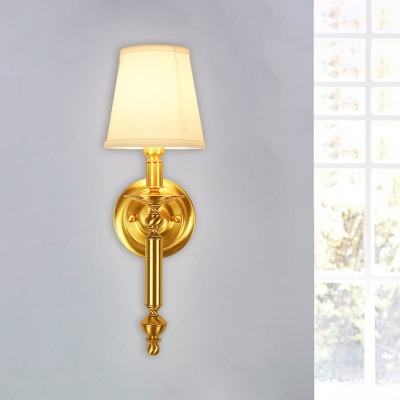 1-Light Fabric Wall Mounted Lamp Countryside Brass Cone Drawing Room Wall Lighting with Candle Design