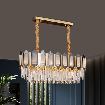 10-Light Island Light Fixture Modernist Oblong Clear Tri-Sided Crystal Rods Suspension Pendant