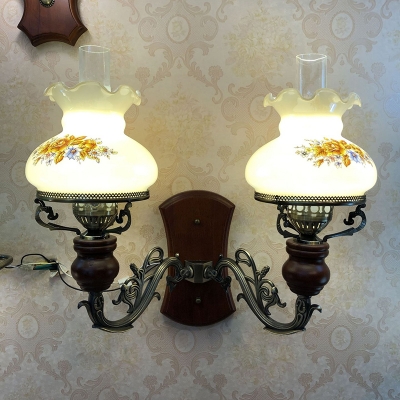 2 Heads Wall Mounted Lighting Countryside Decanter-Like Tan Glass Wall Lamp with Flower Pattern in Bronze