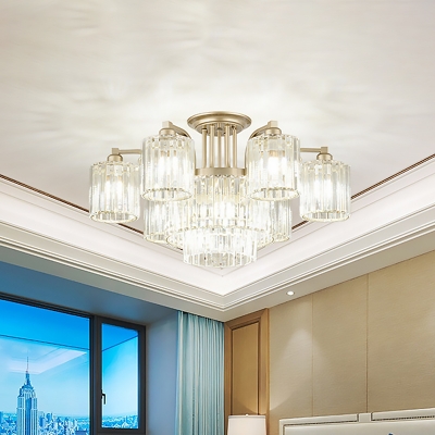 3/9-Bulb Parlor Ceiling Mounted Light Contemporary Chrome Semi Flush Chandelier with Cylindrical Crystal Shade