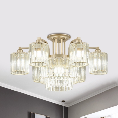 3/9-Bulb Parlor Ceiling Mounted Light Contemporary Chrome Semi Flush Chandelier with Cylindrical Crystal Shade