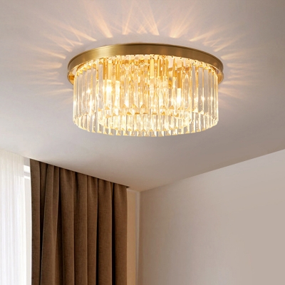 4/5-Head Clear Crystal Rod Ceiling Lamp Postmodern Brass Drum Bedroom Flush Mount Recessed Lighting, 16