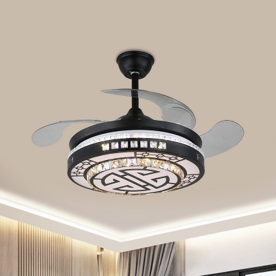 4 Blades Black LED Fan Light Kit Modern Crystal Embedded Round Semi-Flush Ceiling Light, 19