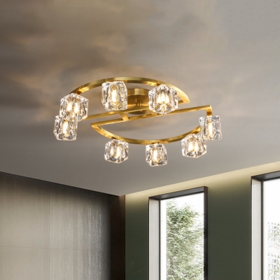 6/8-Light Clear Cube Crystal Ceiling Lamp Postmodern Brass Semi-Circle Bedroom Semi-Flush Light