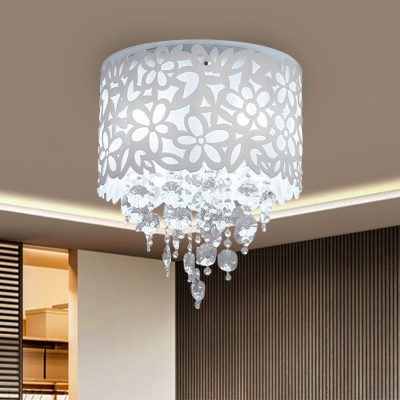 Acrylic White Flush Light Fixture Cylindrical Hollowed Out 4-Light Modern Ceiling Lighting with Crystal Drop