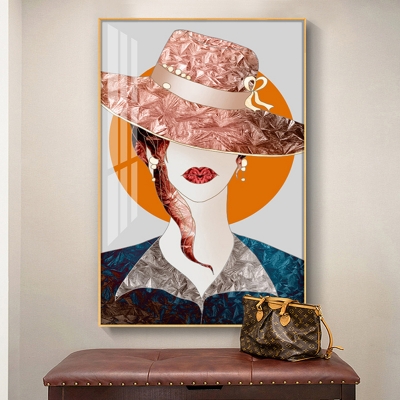 Asian Lady with Hat Wall Mural Lamp with Metallic Shade Gold LED Rectangle Sconce Light Fixture