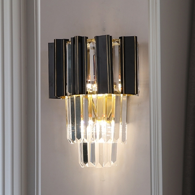 Black 3 Bulbs Wall Light Sconce Modern Prismatic Crystal Tiered Flush Mount for Living Room
