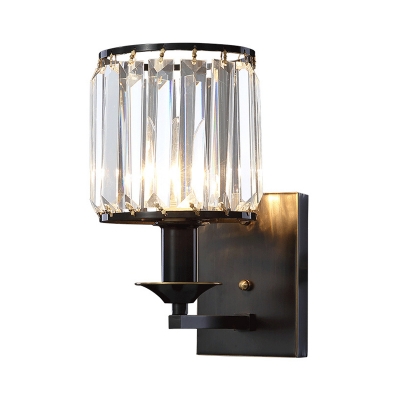 Black Cylinder Wall Light Sconce Modern Rectangle Crystal 1-Bulb Wall Mount Lamp with Candle Design