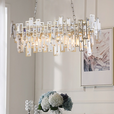 Black/Gold Double-Layered Island Lighting Contemporary Crystal Block 7-Light Ceiling Pendant Lamp