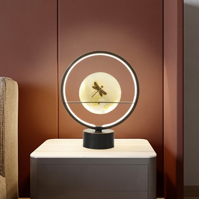 Black Hoop Shape Table Light Modernism LED Metallic Nightstand Lamp with Dragonfly Deco
