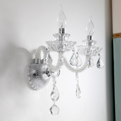 Candle Shape Wall Mount Light Modern Style Clear Hand-Cut Crystal 2 Bulbs Hallway Sconce Light Fixture
