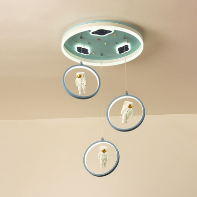 Cartoon Ring Suspension Lamp Acrylic LED Bedroom Multi Pendant with Astronaut Deco in Blue