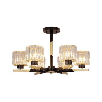 Clear Crystal Black Semi Flush Light Cylinder 6/8 Heads Traditional Ceiling Mount Light Fixture