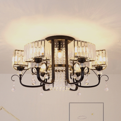 Clear Crystal Geometric Semi Mount Lighting Contemporary 3/7-Head Black Close to Ceiling Lamp for Restaurant
