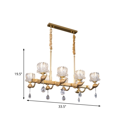 Clear Crystal Lotus Island Lamp Postmodern 8 Bulbs Dining Table Suspension Pendant in Brass
