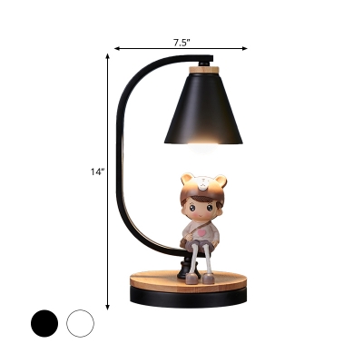 Conical Night Lamp Cartoon Metallic 1 Head Black/White Reading Light with Boy/Girl/Sika Deer Deco
