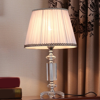Fabric Blue/Beige/Cream Gray Night Lamp Pleated Shade 1 Light Traditional Nightstand Lighting with Crystal Base