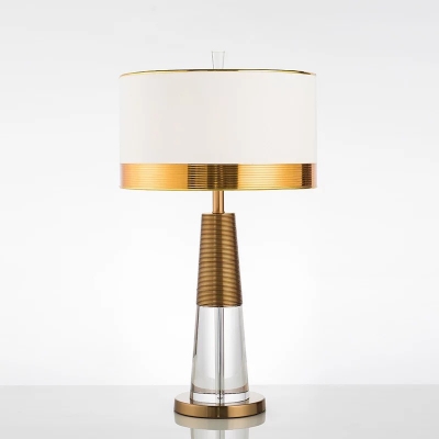 Fabric Drum Shade Table Lamp Postmodern 1 Bulb Bedroom Night Light with Cone Crystal Base in White-Brass