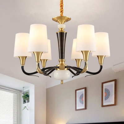 Frosted Glass Black Suspension Lighting Tapered 6 Bulbs Traditional Pendant Ceiling Light