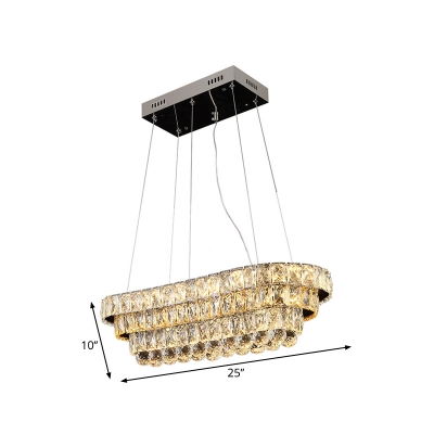 Inlaid Crystal Clear Island Pendant Tiered Oblong Modernist LED Hanging Lamp in Chrome over Table