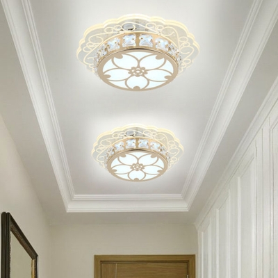 LED Corridor Flush Mount Light Fixture Simplicity Gold Ceiling Lamp with Round Crystal Shade in Warm/White/Blue Light