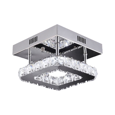 LED Doorway Ceiling Lighting Contemporary Stainless-Steel/Gold Semi Flush Mount with Square Crystal Shade, Warm/White Light