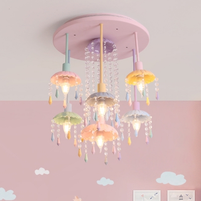 Modern Dome Semi Flush Chandelier Metal 7-Light Kids Room Multi Light Pendant with Crystal Droplets