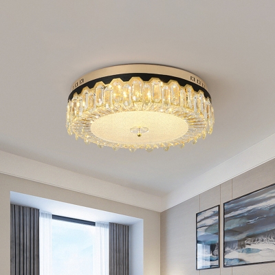 Modern LED Ceiling Mounted Fixture with Clear Crystal Shade Black Drum-Shape Flush Mount Lighting for Bedroom