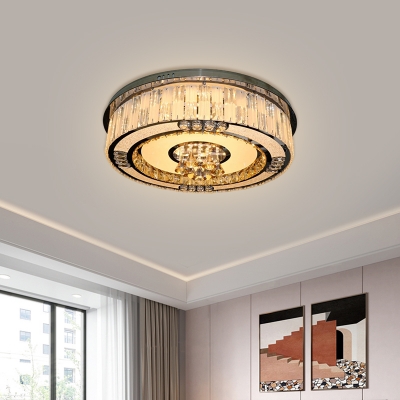 Modern Style Drum Flush Mount Light Clear Crystal LED Ceiling Lighting in Stainless Steel