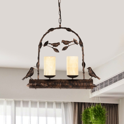 Opal Glass Pillar Candle Chandelier Rural 2-Bulb Dining Room Pendant Light with Bird and Arch Frame in Distressed Black
