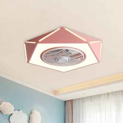 Pentagon Flush Mount Fan Lamp Macaron Metal LED Bedroom Semi Flush Light Fixture in White/Black/Pink, 21.5