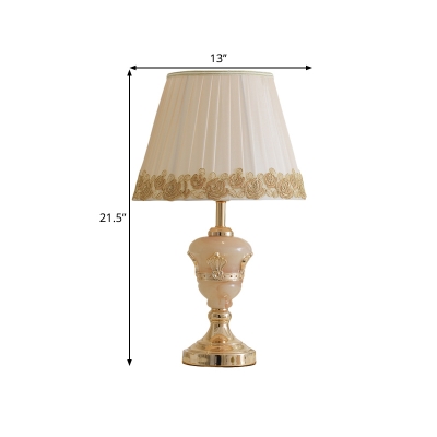 Pleated Fabric Cone Shade Table Lamp Rural Single Bedroom Nightstand Light with Rose Trim in White