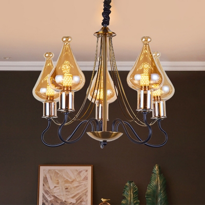 Post Modern 5/8 Bulbs Pendulum Light with Amber Glass shade Black-Gold Teardrop Shape Ceiling Chandelier
