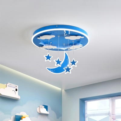 Round Hanging Lamp Cartoon Metallic Pink/Blue LED Suspension Pendant with Moon and Star Decoration