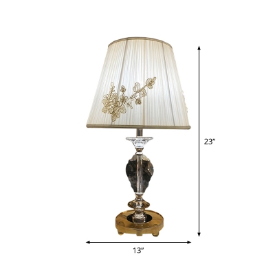 Single Pleated Fabric Table Light Modernism White Barrel Shade Night Stand Lamp with Clear Crystal Base