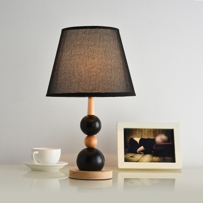 Stacked Balls Wood Table Lamp Nordic 1-Head Black/White Nightstand Light with Conic Fabric Shade