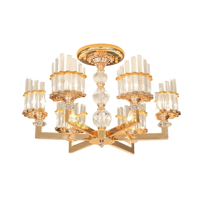 Traditional Half-Cylinder Up Lighting 3/6-Bulb Clear Crystal Chandelier Lamp in Gold for Drawing Room