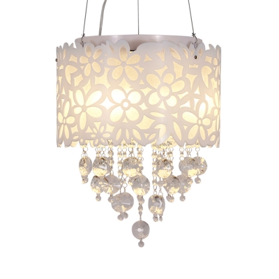 White 4-Head Hanging Light Fixture Modernist Acrylic Cutouts Flower Pendant Chandelier with Crystal Drapes