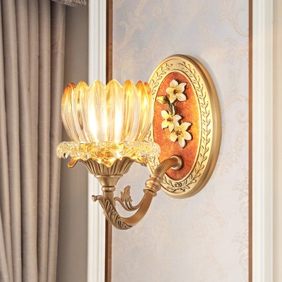 1/2-Bulb Lotus Shade Wall Mounted Light Traditional Gold Finish Ribbed Glass Wall Lamp