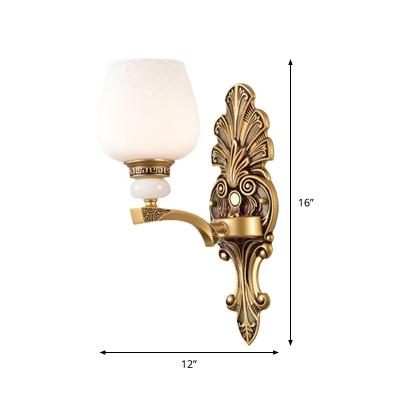 1/2-Head Sconce Light Fixture Vintage Bedroom Wall Lamp with Cup Opal Glass Shade in Brass