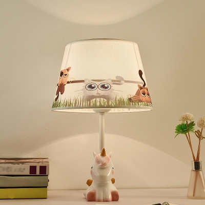 1 Head White/Pink/Blue Barrel Desk Lamp Cartoon Fabric Shade Nightstand Light with Unicorn Base